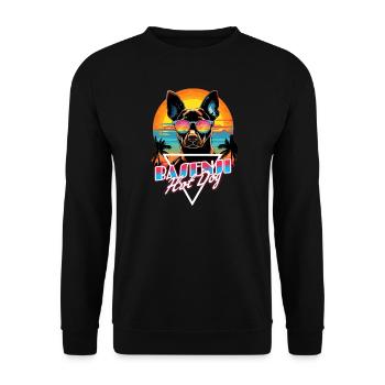 Retro Wave Basenji Hot Dog Shirt - Unisex Pullover - Schwarz - Vorne - Alina (178cm) & Michal (187cm)