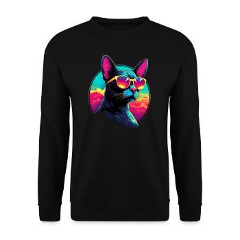 Retro Wave Cornish Rex Cat Shirt - Unisex Pullover - Schwarz - Vorne - Alina (178cm) & Michal (187cm)