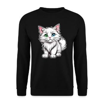 Niedliche weiße Katze mit unterschiedlichen Augen - Unisex Pullover - Schwarz - Vorne - Alina (178cm) & Michal (187cm)