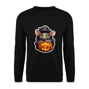 Halloween Ratte mit Hexenhut und Kürbis - Unisex Pullover - Schwarz - Vorne - Alina (178cm) & Michal (187cm)