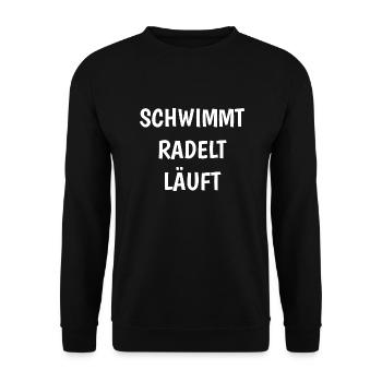 Geschenk für Triathlet: schwimmt - radelt - läuft - Unisex Pullover - Schwarz - Vorne - Alina (178cm) & Michal (187cm)
