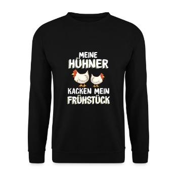 Hühner kacken Eier Frühstück| Huhn Bauer Ei Lustig - Unisex Pullover - Schwarz - Vorne - Alina (178cm) & Michal (187cm)
