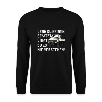 Unimog - Oldtimer - Offroad - Universal Motorgerät - Unisex Pullover - Schwarz - Vorne - Alina (178cm) & Michal (187cm)