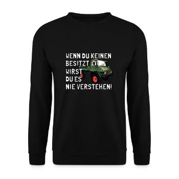 Unimog - Oldtimer - Offroad - Universal Motorgerät - Unisex Pullover - Schwarz - Vorne - Alina (178cm) & Michal (187cm)