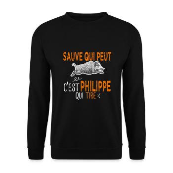 Philippe c est Philippe qui tire Humour Chasseur - Sweat-shirt Unisexe - noir - Devant - Alina (178cm) & Michal (187cm)