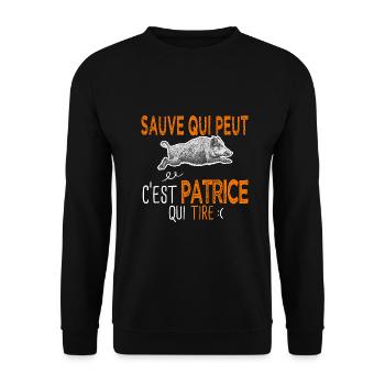 sauve qui peut c'est Patrice qui tire Chasseur - Sweat-shirt Unisexe - noir - Devant - Alina (178cm) & Michal (187cm)