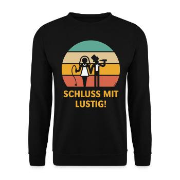 Schluss Mit Lustig! (JGA Peitsche Bier Sunset 5C) - Unisex Pullover - Schwarz - Vorne - Alina (178cm) & Michal (187cm)