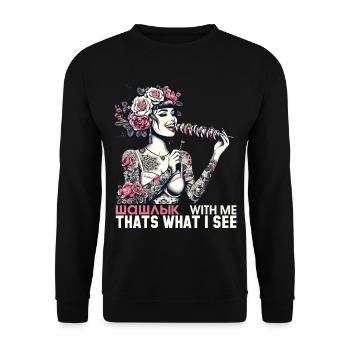 Schaschlik lecker Frau Tattoo Geschenk - Unisex Pullover - Schwarz - Vorne - Alina (178cm) & Michal (187cm)
