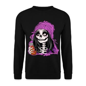 Skelett Mädchen im Lila Hoodie - Unisex Pullover - Schwarz - Vorne - Alina (178cm) & Michal (187cm)