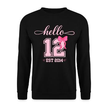Hello 12 Est 2014 Coquette Schleife Mädchen Geburt - Unisex Pullover - Schwarz - Vorne - Alina (178cm) & Michal (187cm)