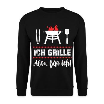 Ich grille Also bin ich Grillsprüche BBQ Grillfest - Unisex Pullover - Schwarz - Vorne - Alina (178cm) & Michal (187cm)
