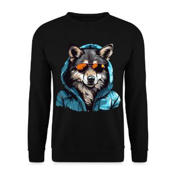 Grauer Wolf im Streetstyle | Wolfsliebhaber - Unisex Pullover - Schwarz - Vorne - Alina (178cm) & Michal (187cm)