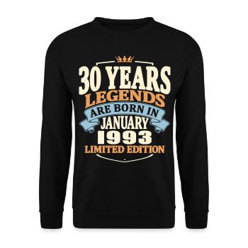 30 Jahre - geboren im Januar 1993 - Unisex Pullover - Schwarz - Vorne - Alina (178cm) & Michal (187cm)