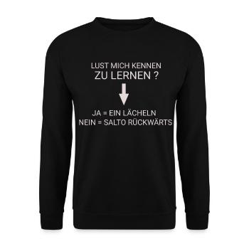 Malle, Lust mich kennen zu lernen ? - Unisex Pullover - Schwarz - Vorne - Alina (178cm) & Michal (187cm)