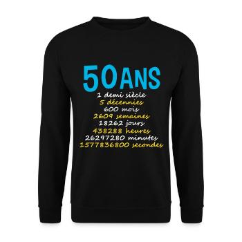 50 ans humour anniversaire, date de naissance. âge - Sweat-shirt Unisexe - noir - Devant - Alina (178cm) & Michal (187cm)