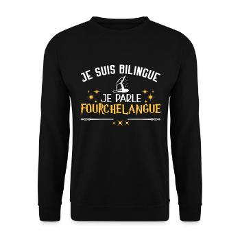 Humor Film, Kino, ich bin zweisprachig, Zauberer - Unisex Pullover - Schwarz - Vorne - Alina (178cm) & Michal (187cm)