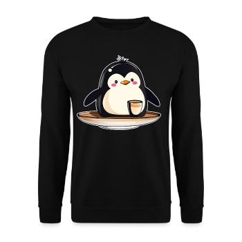 Niedlicher Pinguin mit Kaffee III - Unisex Pullover - Schwarz - Vorne - Alina (178cm) & Michal (187cm)