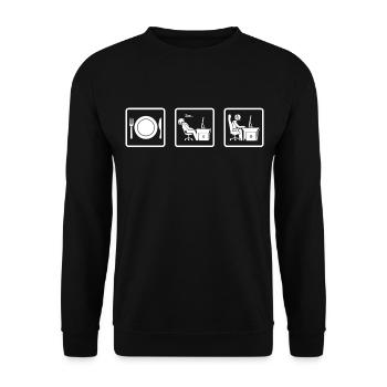 lustiges t-shirt essen schlafen arbeit job - Unisex Pullover - Schwarz - Vorne - Alina (178cm) & Michal (187cm)