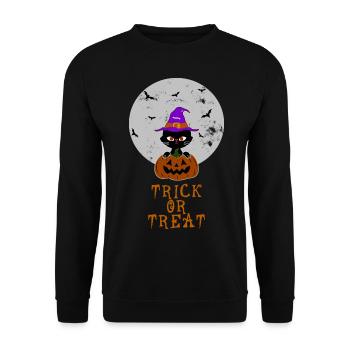 Halloween Trick or Treat Katze Kürbis Hexenhut - Unisex Pullover - Schwarz - Vorne - Alina (178cm) & Michal (187cm)