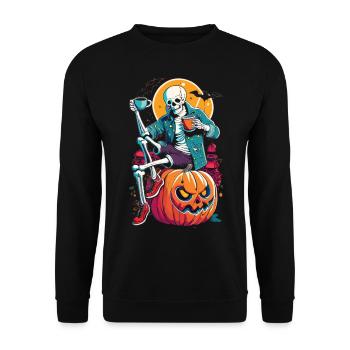 Skelett auf Kürbis - Kaffeepause im Halloween-Stil - Unisex Pullover - Schwarz - Vorne - Alina (178cm) & Michal (187cm)