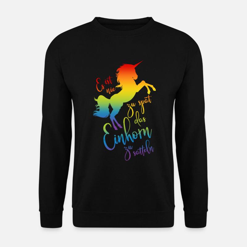 Einhorn satteln Spruch Regenbogen Silhouette bunt - Unisex Pullover - Schwarz