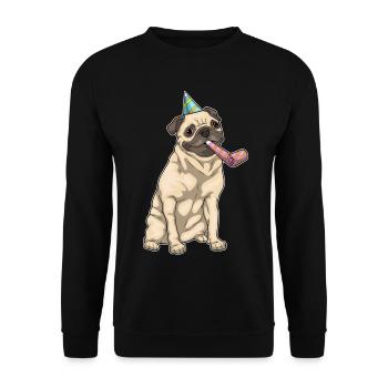 Mops Geburtstag Tröte - Unisex Pullover - Schwarz - Vorne - Alina (178cm) & Michal (187cm)