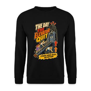 Fahrstuhl Streik Büro Humor - Unisex Pullover - Schwarz - Vorne - Alina (178cm) & Michal (187cm)