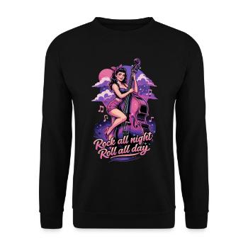 Rockabilly Pin-Up Girl mit Kontrabass Design - Unisex Pullover - Schwarz - Vorne - Alina (178cm) & Michal (187cm)