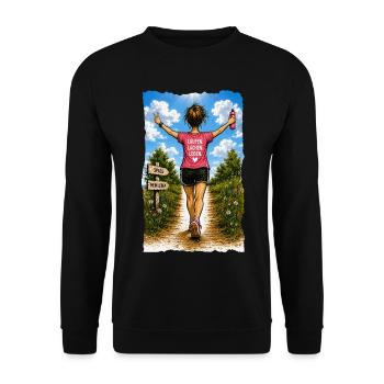 Laufen. Lachen. Leben. - Läuferin Motiv - Unisex Pullover - Schwarz - Vorne - Alina (178cm) & Michal (187cm)
