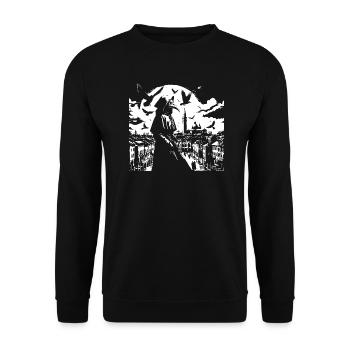 Doktor Plague mit Raben in der Stadt - Unisex Pullover - Schwarz - Vorne - Alina (178cm) & Michal (187cm)