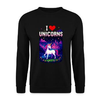 I Love Unicorns – Magisches Einhorn Pixel Shirt - Unisex Pullover - Schwarz - Vorne - Alina (178cm) & Michal (187cm)