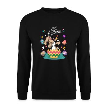 Frohe Ostern - Osterhase Dab Tanzbunte Eier - Unisex Pullover - Schwarz - Vorne - Alina (178cm) & Michal (187cm)