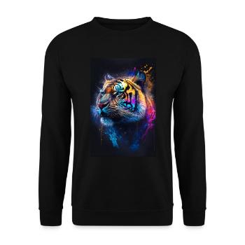 Farbiger Tiger mit Klecksen - Unisex Pullover - Schwarz - Vorne - Alina (178cm) & Michal (187cm)
