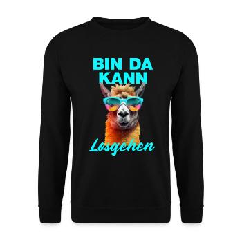 Bin da kann losgehen lustige Llama mit der Brille - Unisex Pullover - Schwarz - Vorne - Alina (178cm) & Michal (187cm)