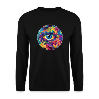 Psychedelisches Auge: Farbiges Trippy Design - Unisex Pullover - Schwarz - Vorne - Alina (178cm) & Michal (187cm)