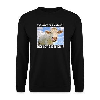 Die Kuh Bettsy sieht dich - Unisex Pullover - Schwarz - Vorne - Alina (178cm) & Michal (187cm)