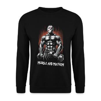 Muscle and Mayhem 80s Slasher Bodybuilding - Unisex Pullover - Schwarz - Vorne - Alina (178cm) & Michal (187cm)