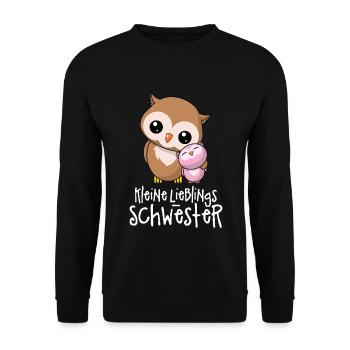 Kleine Lieblingsschwester - Beste Schwester Eulen - Unisex Pullover - Schwarz - Vorne - Alina (178cm) & Michal (187cm)