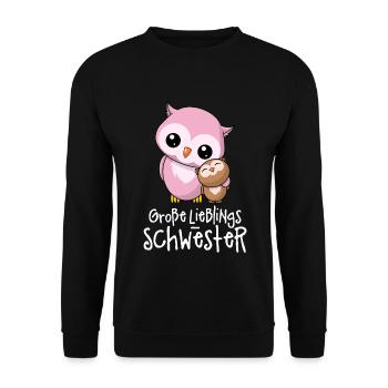 Große Lieblingsschwester - Beste Schwester Eulen - Unisex Pullover - Schwarz - Vorne - Alina (178cm) & Michal (187cm)