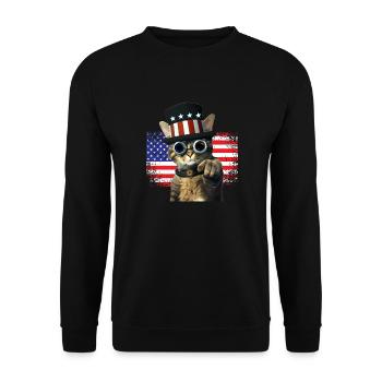 steampunk Katze mit USA Flagge - Unisex Pullover - Schwarz - Vorne - Alina (178cm) & Michal (187cm)