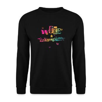 Selbstironie: WOKE & linksversifft - Unisex Pullover - Schwarz - Vorne - Alina (178cm) & Michal (187cm)