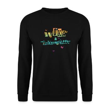 Selbstironie: WOKE & linksversifft - Unisex Pullover - Schwarz - Vorne - Alina (178cm) & Michal (187cm)