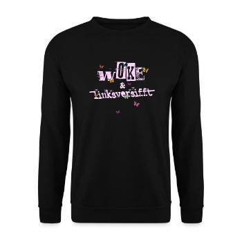 Selbstironie: WOKE & linksversifft - Unisex Pullover - Schwarz - Vorne - Alina (178cm) & Michal (187cm)