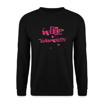 Selbstironie: WOKE & linksversifft - Unisex Pullover - Schwarz - Vorne - Alina (178cm) & Michal (187cm)