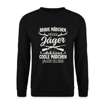 Jäger Mädchen Jagen Selber Hirsch Jagd Jägerin - Unisex Pullover - Schwarz - Vorne - Alina (178cm) & Michal (187cm)