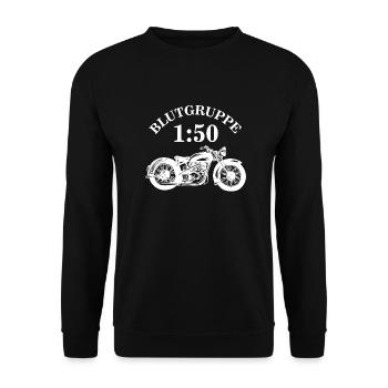 Blutgruppe 1 50 Moped DDR Ossi Ostalgie - Unisex Pullover - Schwarz - Vorne - Alina (178cm) & Michal (187cm)