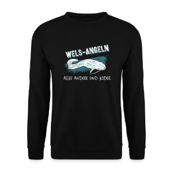 Wels angeln lustiger Spruch für Angler - Unisex Pullover - Schwarz - Vorne - Alina (178cm) & Michal (187cm)
