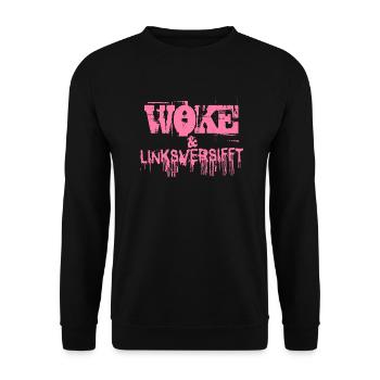 Selbstironie: WOKE & linksversifft - Unisex Pullover - Schwarz - Vorne - Alina (178cm) & Michal (187cm)
