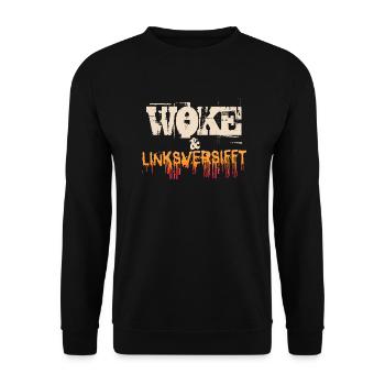 Selbstironie: WOKE & linksversifft - Unisex Pullover - Schwarz - Vorne - Alina (178cm) & Michal (187cm)