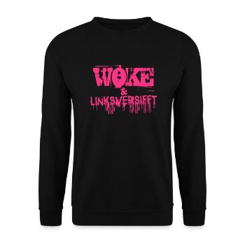 Selbstironie: WOKE & linksversifft - Unisex Pullover - Schwarz - Vorne - Alina (178cm) & Michal (187cm)